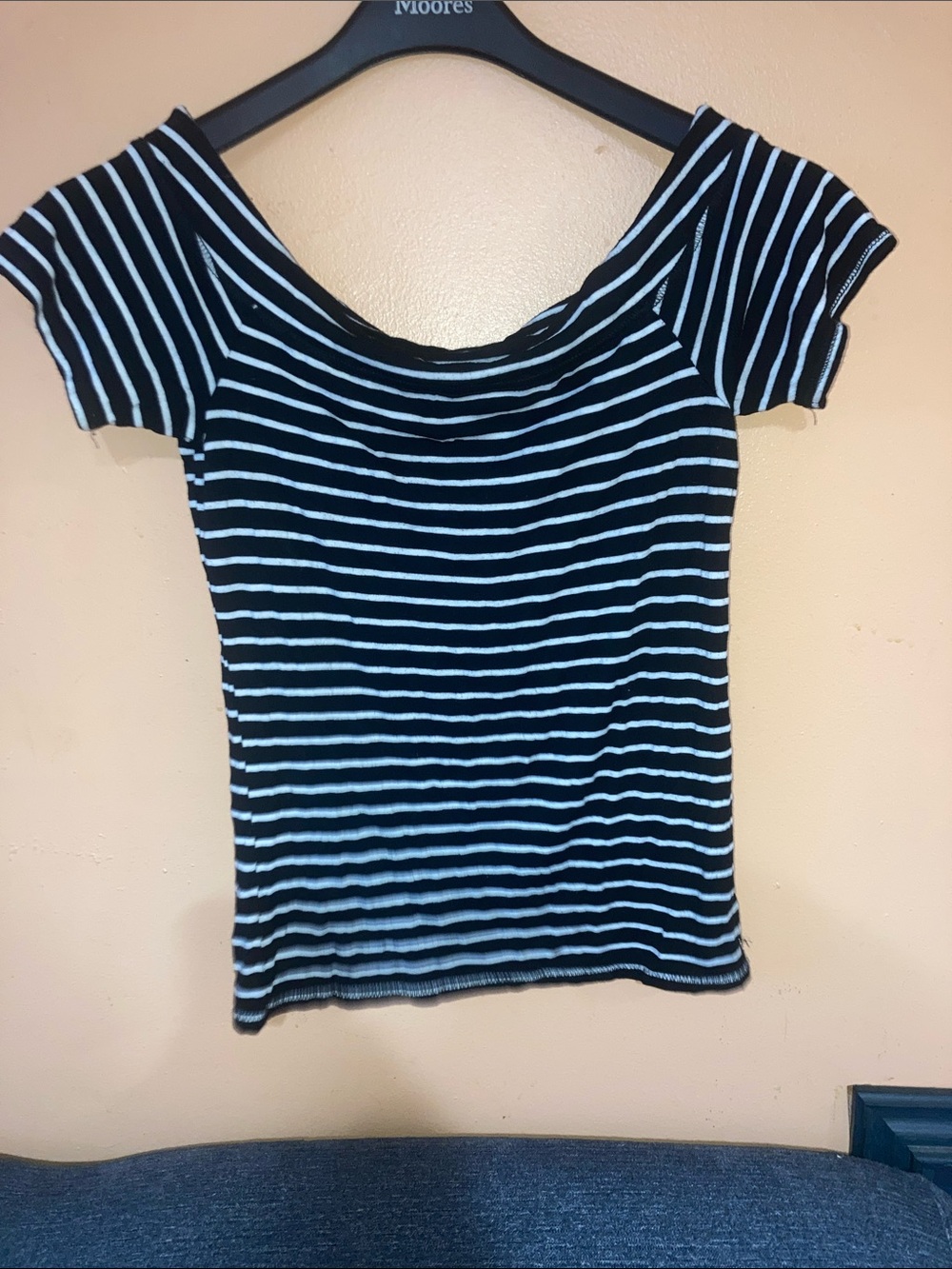 Guess Black and White Striped Off-Shoulder Short Sleeve Top